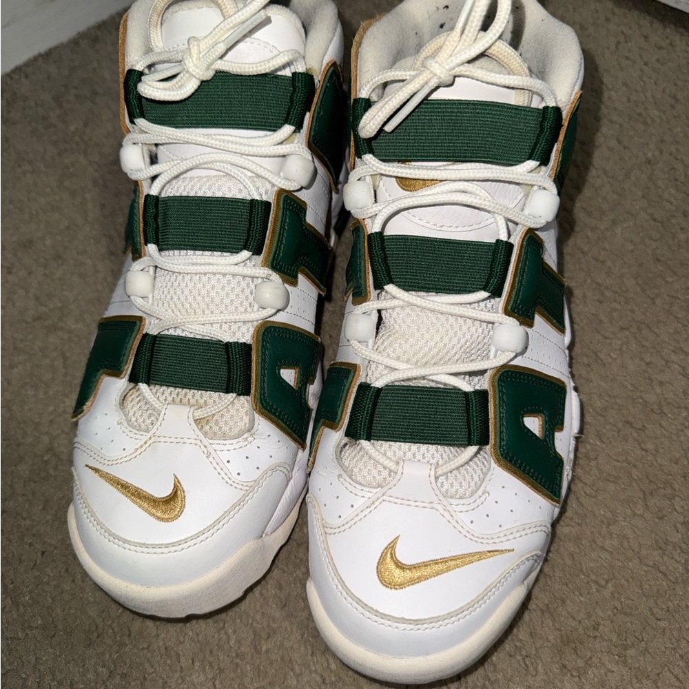 Nike Kids White, Green, and Gold Sneakers